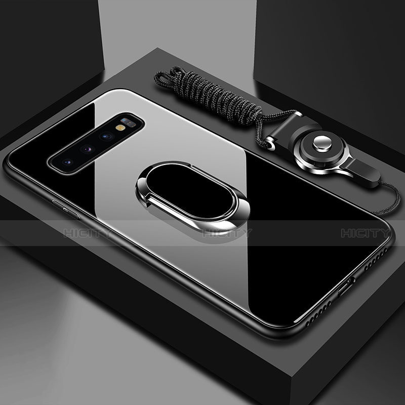 Samsung Galaxy S10 Plus用ハイブリットバンパーケース プラスチック 鏡面 カバー アンド指輪 マグネット式 T02 サムスン ブラック