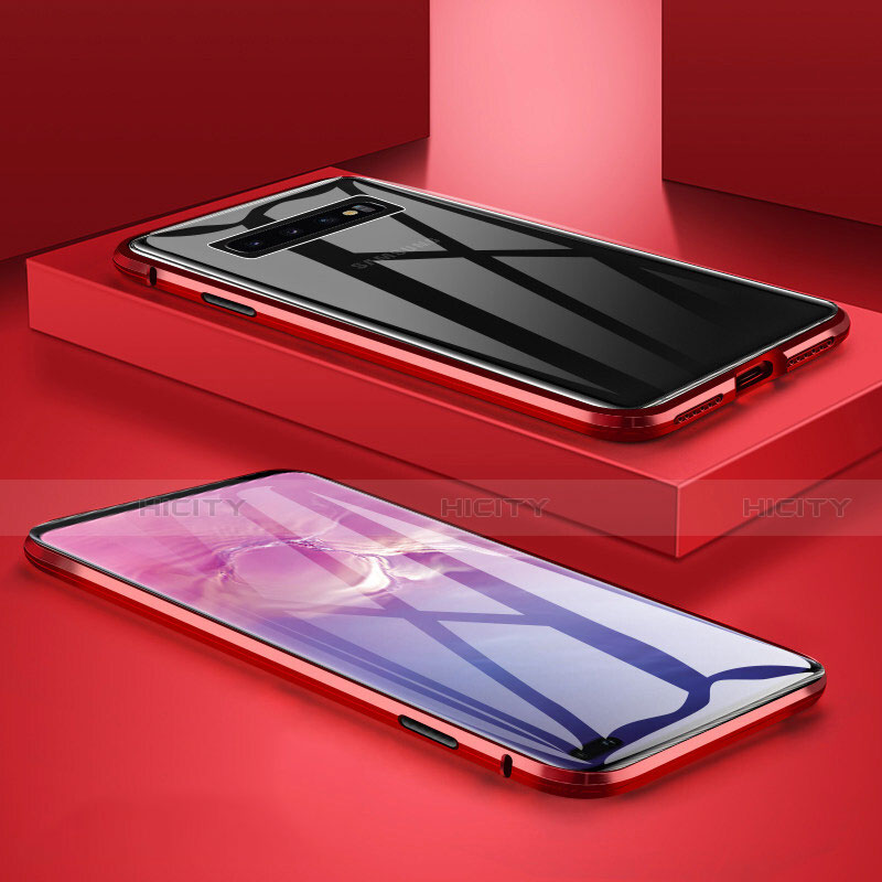Samsung Galaxy S10 Plus用ケース 高級感 手触り良い アルミメタル 製の金属製 360度 フルカバーバンパー 鏡面 カバー T09 サムスン レッド