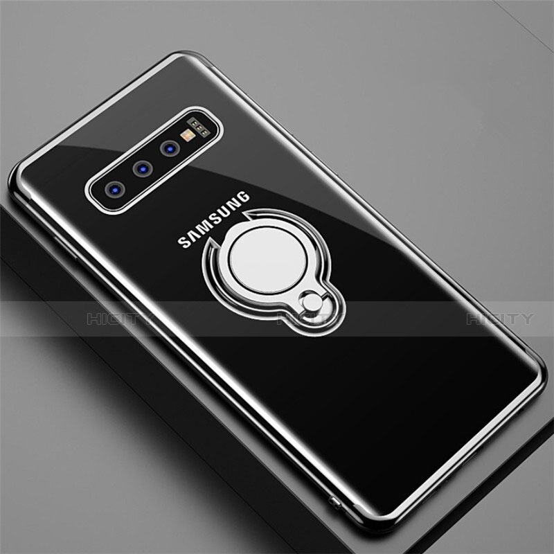 Samsung Galaxy S10 Plus用極薄ソフトケース シリコンケース 耐衝撃 全面保護 クリア透明 アンド指輪 マグネット式 C02 サムスン ブラック