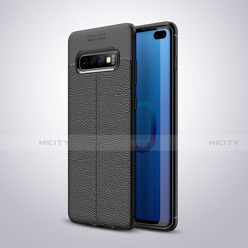Samsung Galaxy S10 Plus用シリコンケース ソフトタッチラバー レザー柄 カバー H02 サムスン ブラック