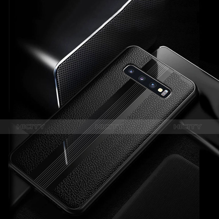 Samsung Galaxy S10 Plus用シリコンケース ソフトタッチラバー レザー柄 Q01 サムスン ブラック