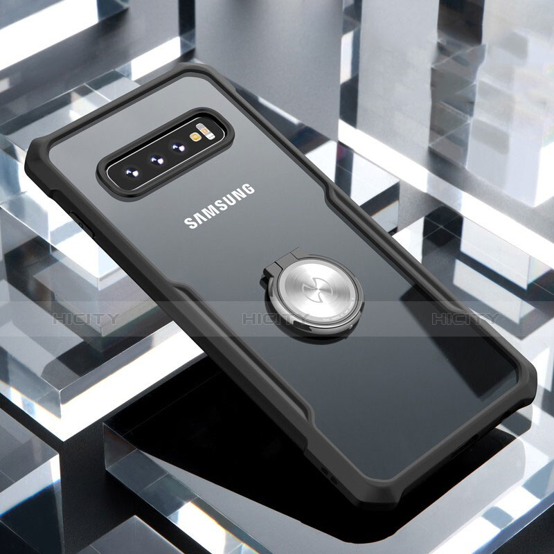 Samsung Galaxy S10 Plus用360度 フルカバーハイブリットバンパーケース クリア透明 プラスチック 鏡面 アンド指輪 マグネット式 サムスン ブラック