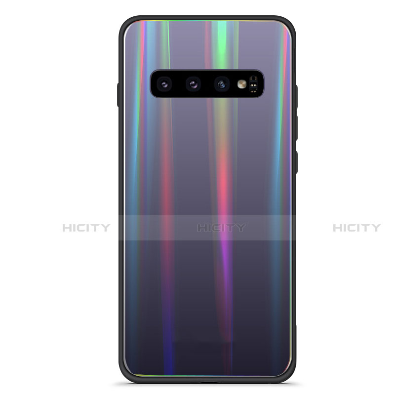 Samsung Galaxy S10 Plus用ハイブリットバンパーケース プラスチック 鏡面 虹 グラデーション 勾配色 カバー A02 サムスン ブラック