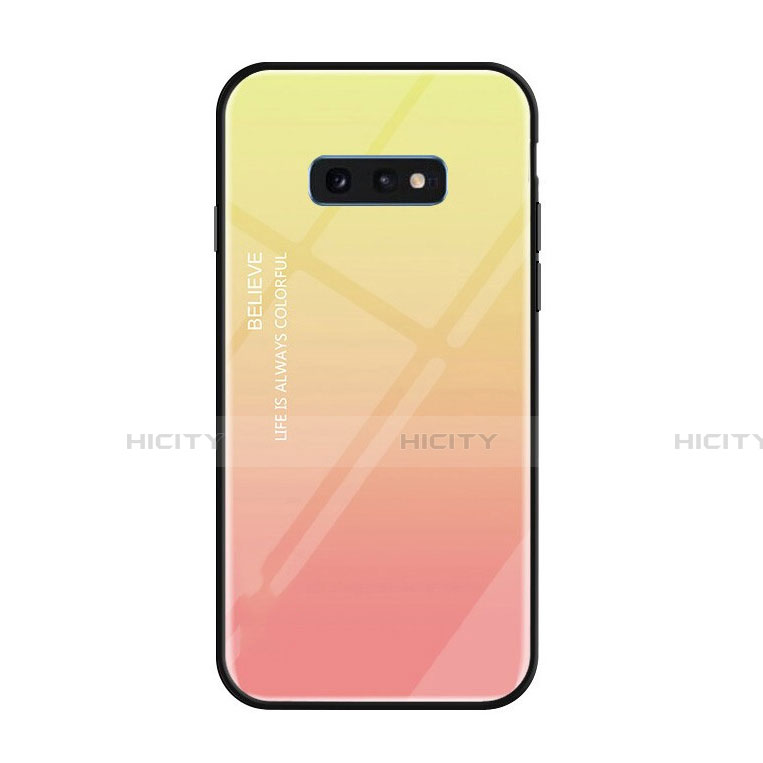 Samsung Galaxy S10e用ハイブリットバンパーケース プラスチック 鏡面 虹 グラデーション 勾配色 カバー H01 サムスン ピンク