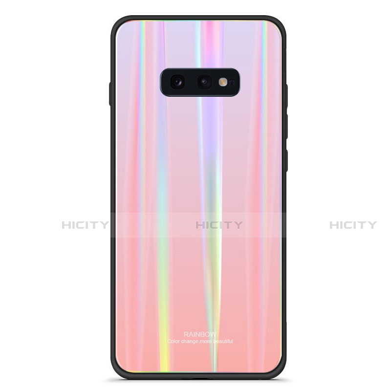 Samsung Galaxy S10e用ハイブリットバンパーケース プラスチック 鏡面 虹 グラデーション 勾配色 カバー H04 サムスン ピンク