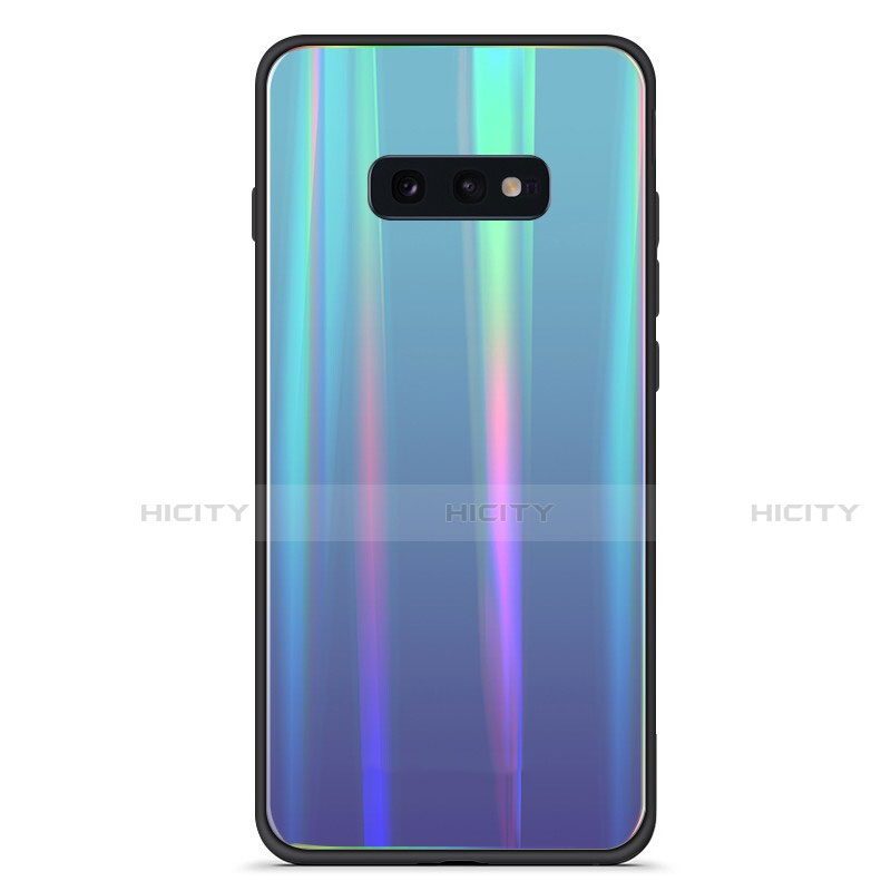 Samsung Galaxy S10e用ハイブリットバンパーケース プラスチック 鏡面 虹 グラデーション 勾配色 カバー H04 サムスン シアン