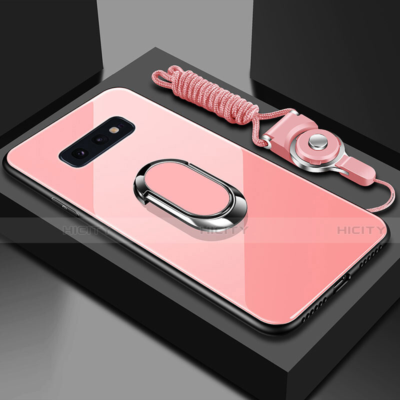 Samsung Galaxy S10e用ハイブリットバンパーケース プラスチック 鏡面 カバー アンド指輪 マグネット式 T02 サムスン ローズゴールド