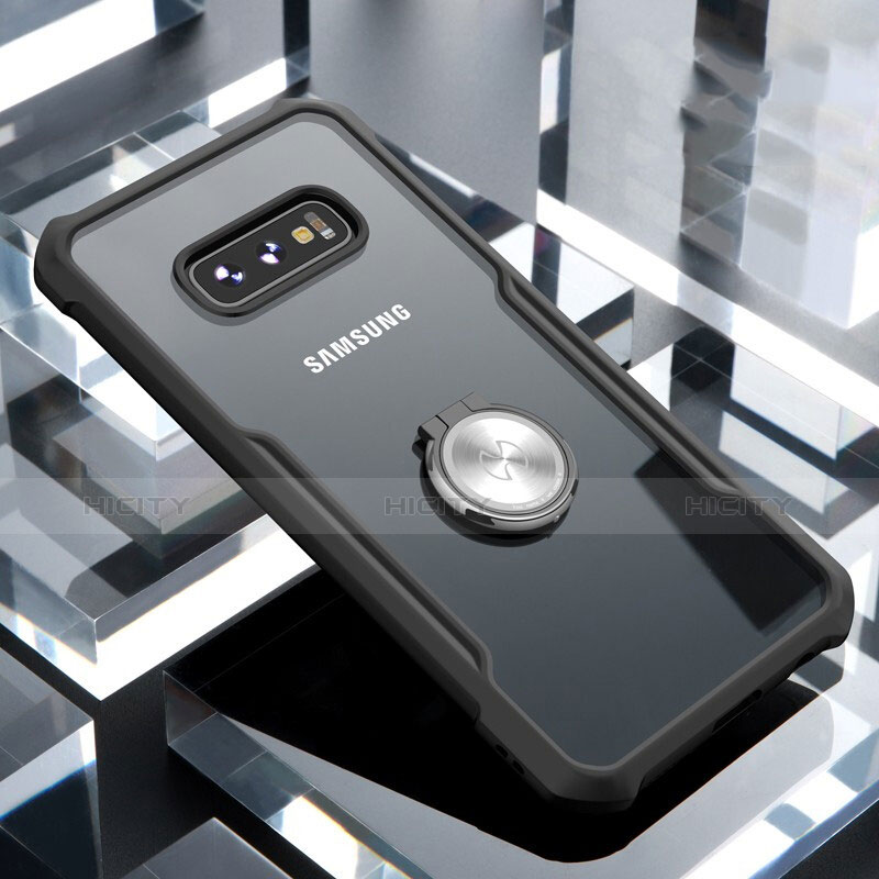 Samsung Galaxy S10e用360度 フルカバーハイブリットバンパーケース クリア透明 プラスチック 鏡面 アンド指輪 マグネット式 サムスン ブラック
