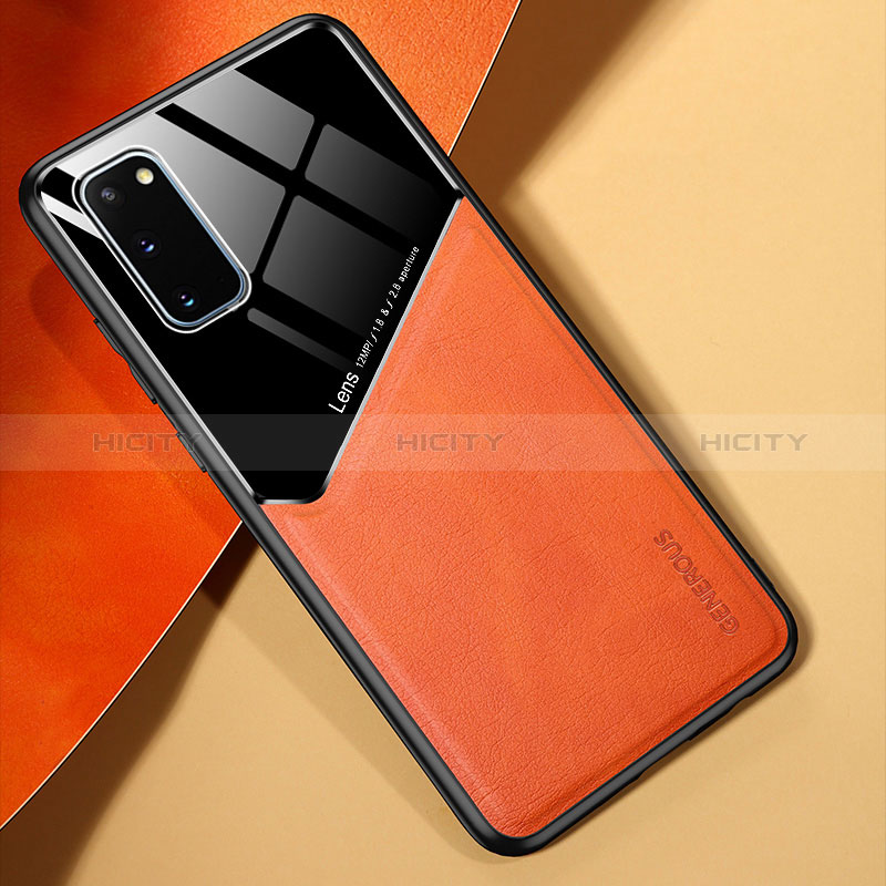 Samsung Galaxy S20用シリコンケース ソフトタッチラバー レザー柄 アンドマグネット式 サムスン オレンジ