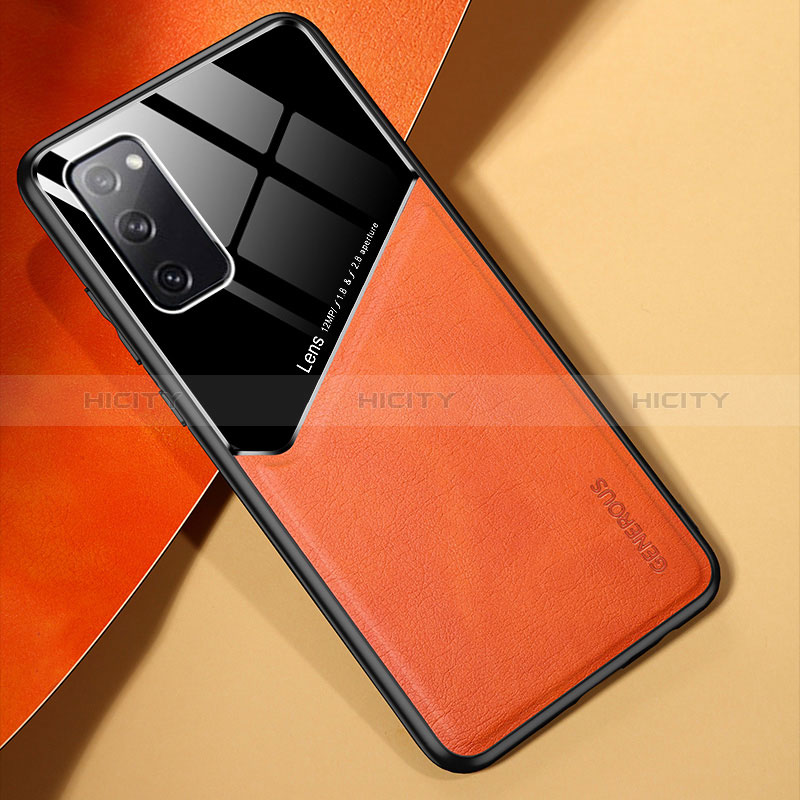 Samsung Galaxy S20 FE 5G用シリコンケース ソフトタッチラバー レザー柄 アンドマグネット式 サムスン オレンジ