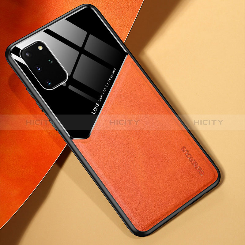 Samsung Galaxy S20 Plus用シリコンケース ソフトタッチラバー レザー柄 アンドマグネット式 サムスン オレンジ
