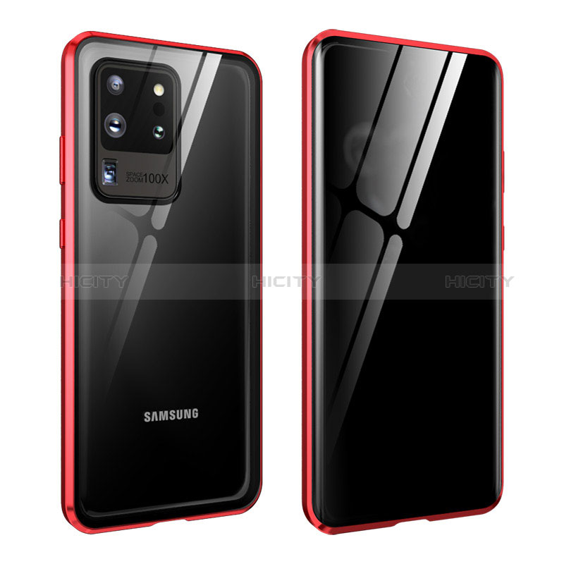 Samsung Galaxy S20 Ultra 5G用ケース 高級感 手触り良い アルミメタル 製の金属製 360度 フルカバーバンパー 鏡面 カバー LK2 サムスン レッド
