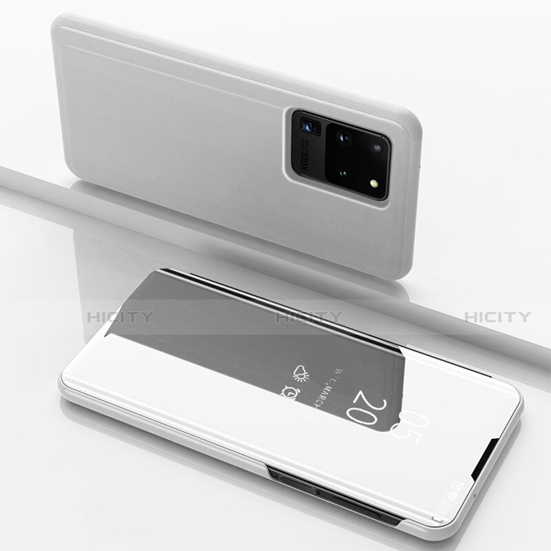 Samsung Galaxy S20 Ultra用手帳型 レザーケース スタンド 鏡面 カバー サムスン シルバー