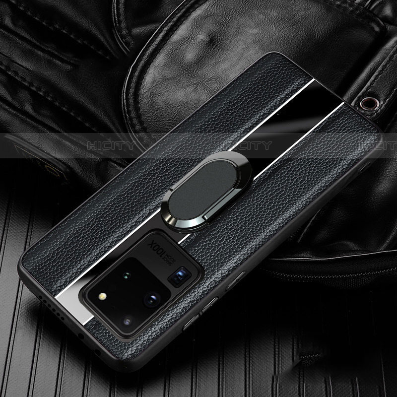 Samsung Galaxy S20 Ultra用シリコンケース ソフトタッチラバー レザー柄 アンド指輪 マグネット式 T04 サムスン ブラック