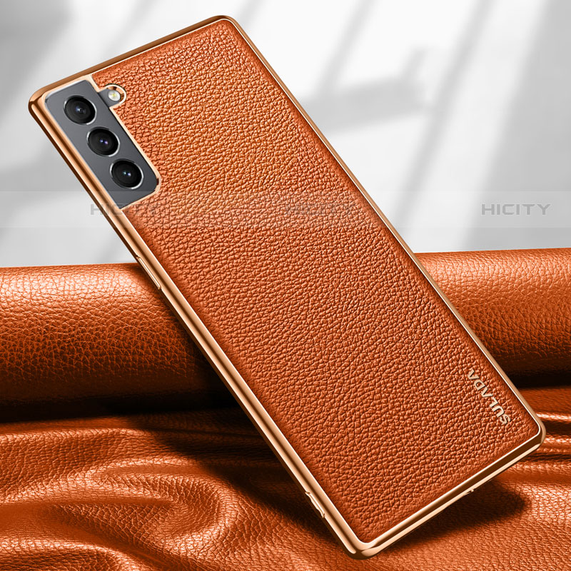 Samsung Galaxy S21 5G用ケース 高級感 手触り良いレザー柄 S09 サムスン オレンジ