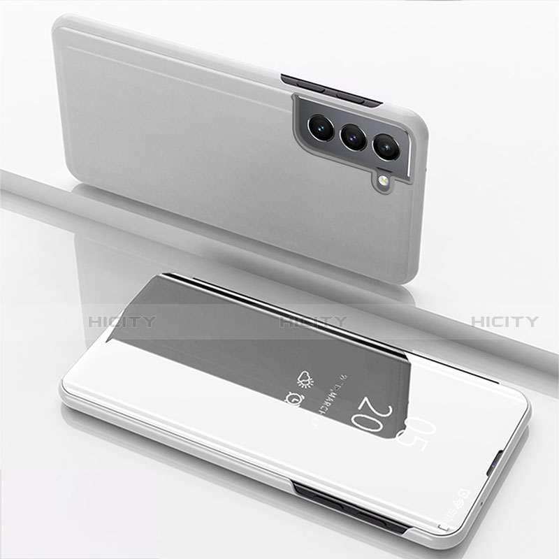 Samsung Galaxy S21 5G用手帳型 レザーケース スタンド 鏡面 カバー M01 サムスン シルバー