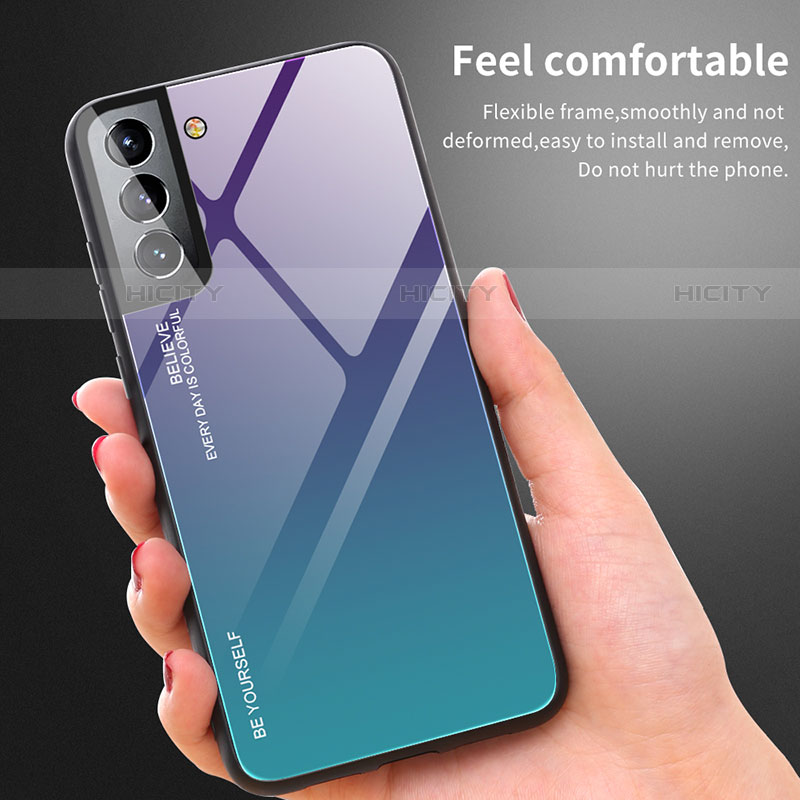 Samsung Galaxy S21 FE 5G用ハイブリットバンパーケース プラスチック 鏡面 虹 グラデーション 勾配色 カバー サムスン 