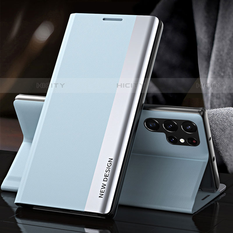 Samsung Galaxy S21 Ultra 5G用手帳型 レザーケース スタンド カバー L01 サムスン ライトブルー