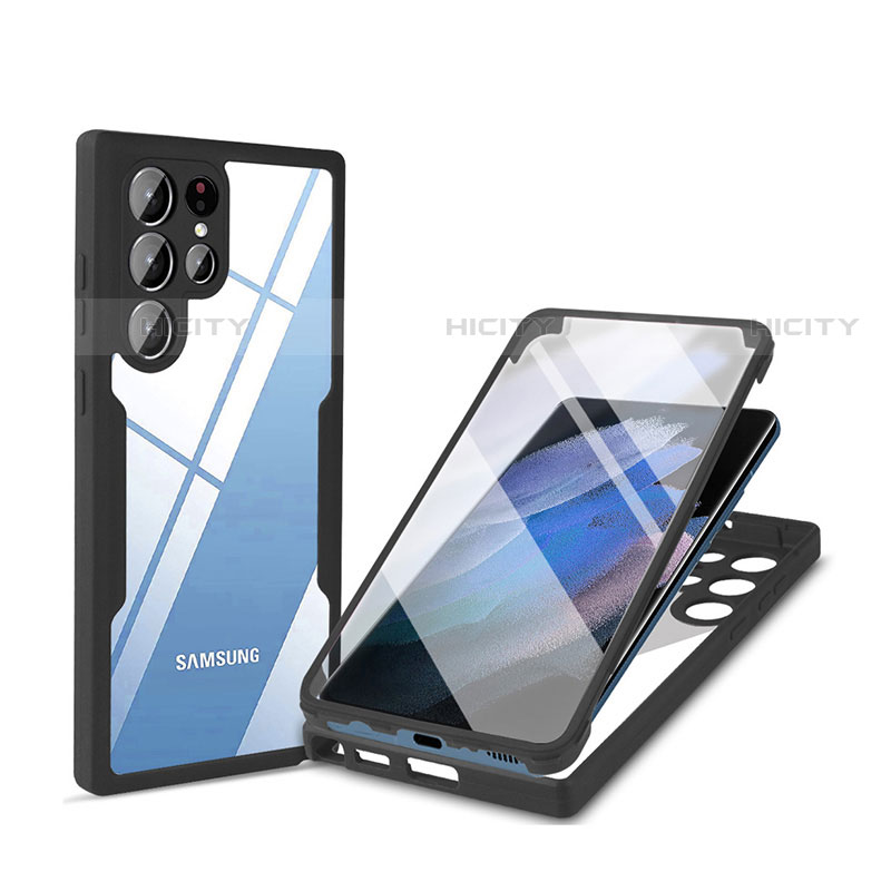 Samsung Galaxy S21 Ultra 5G用360度 フルカバー ハイブリットバンパーケース クリア透明 プラスチック カバー M01 サムスン ブラック