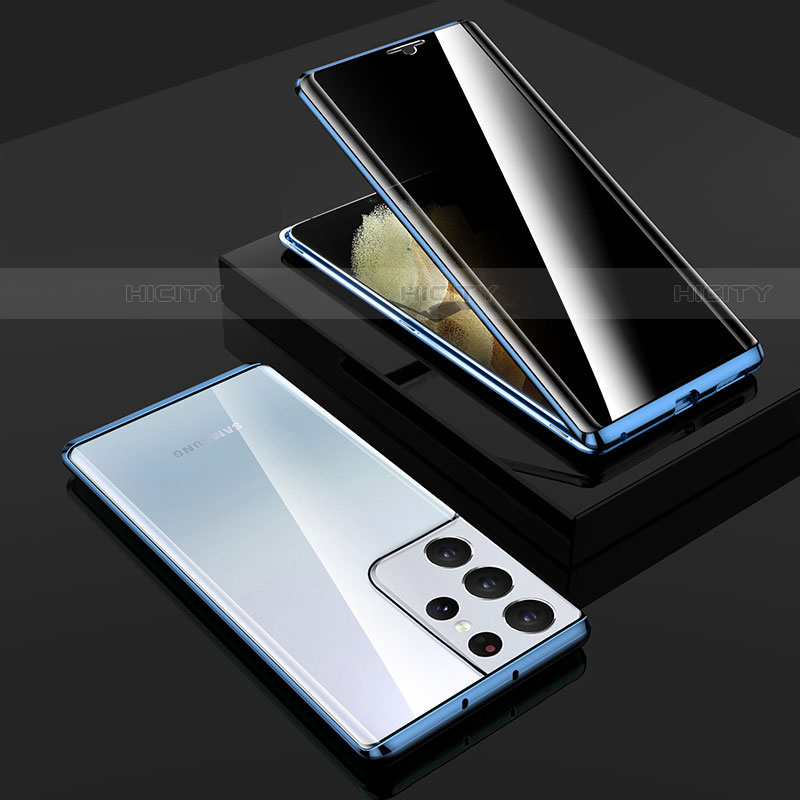 Samsung Galaxy S21 Ultra 5G用ケース 高級感 手触り良い アルミメタル 製の金属製 360度 フルカバーバンパー 鏡面 カバー M02 サムスン ネイビー