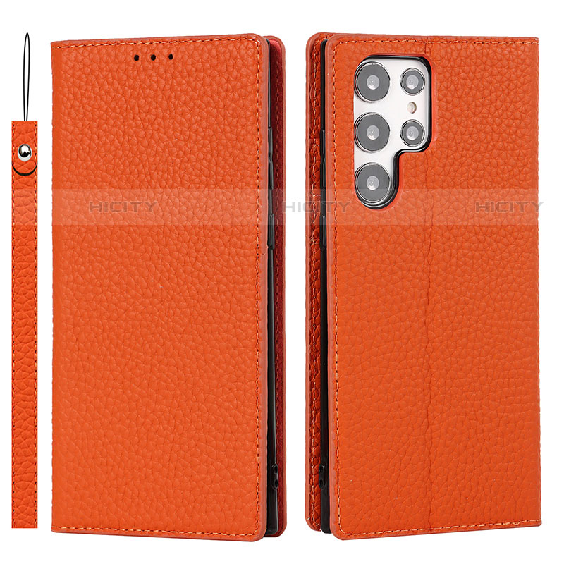 Samsung Galaxy S21 Ultra 5G用手帳型 レザーケース スタンド カバー T02D サムスン オレンジ