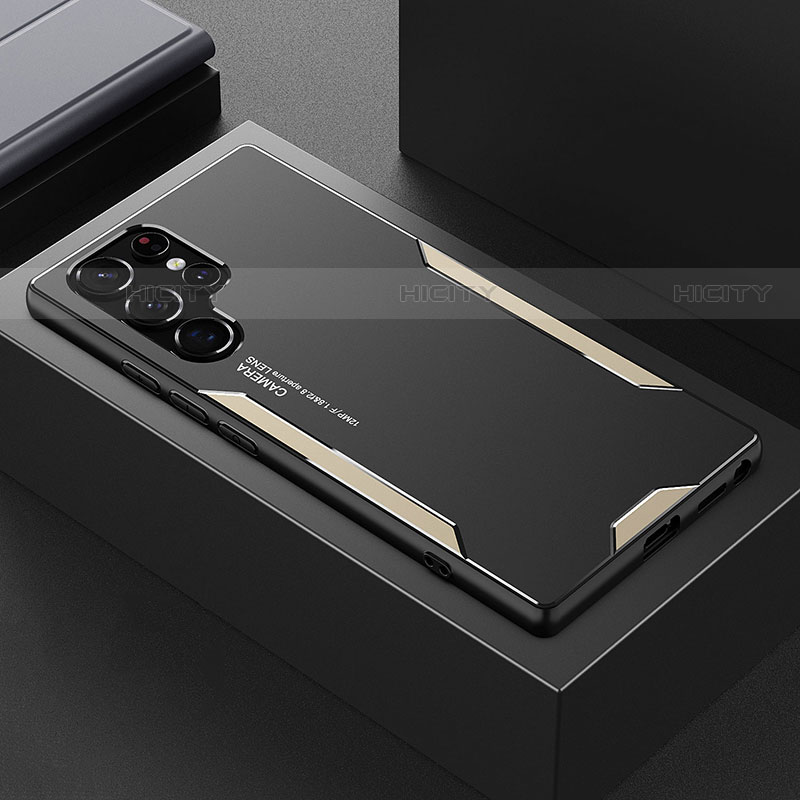 Samsung Galaxy S21 Ultra 5G用ケース 高級感 手触り良い アルミメタル 製の金属製 兼シリコン カバー M01 サムスン ゴールド