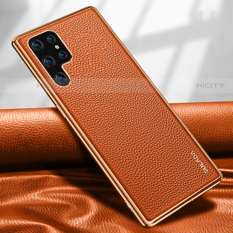 Samsung Galaxy S21 Ultra 5G用ケース 高級感 手触り良いレザー柄 S09 サムスン オレンジ