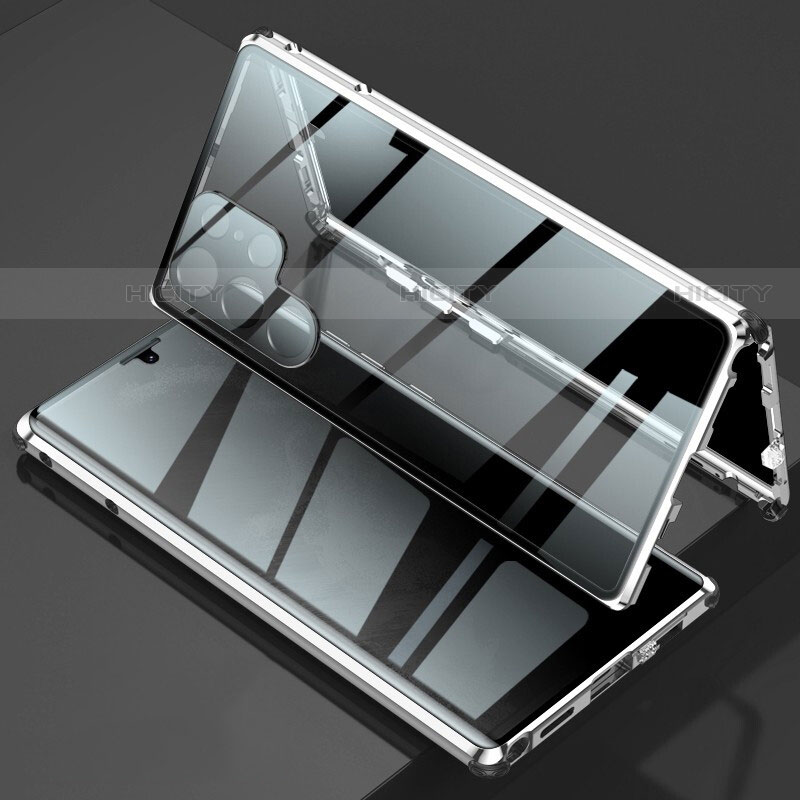 Samsung Galaxy S21 Ultra 5G用ケース 高級感 手触り良い アルミメタル 製の金属製 360度 フルカバーバンパー 鏡面 カバー サムスン シルバー
