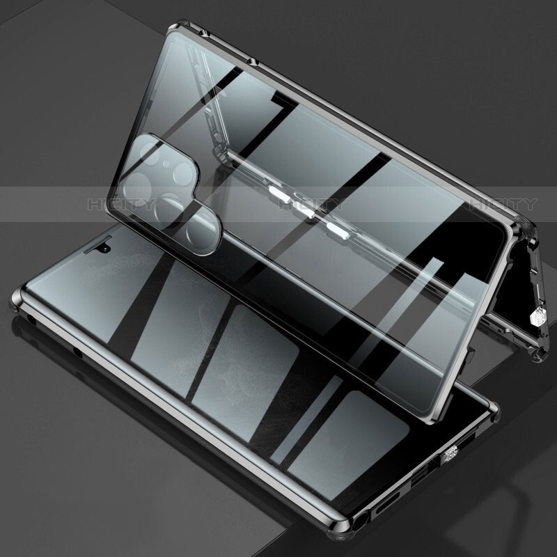 Samsung Galaxy S21 Ultra 5G用ケース 高級感 手触り良い アルミメタル 製の金属製 360度 フルカバーバンパー 鏡面 カバー サムスン ブラック