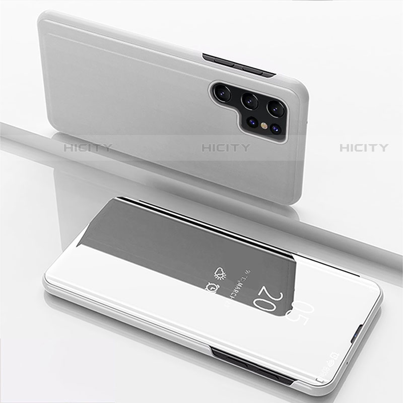 Samsung Galaxy S21 Ultra 5G用手帳型 レザーケース スタンド 鏡面 カバー H01 サムスン シルバー