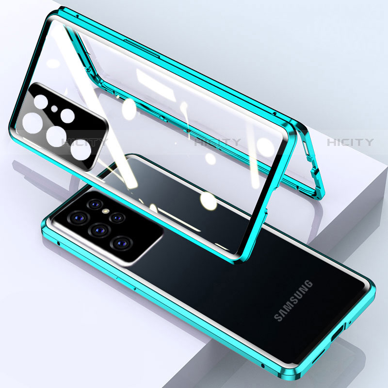 Samsung Galaxy S21 Ultra 5G用ケース 高級感 手触り良い アルミメタル 製の金属製 360度 フルカバーバンパー 鏡面 カバー M01 サムスン グリーン