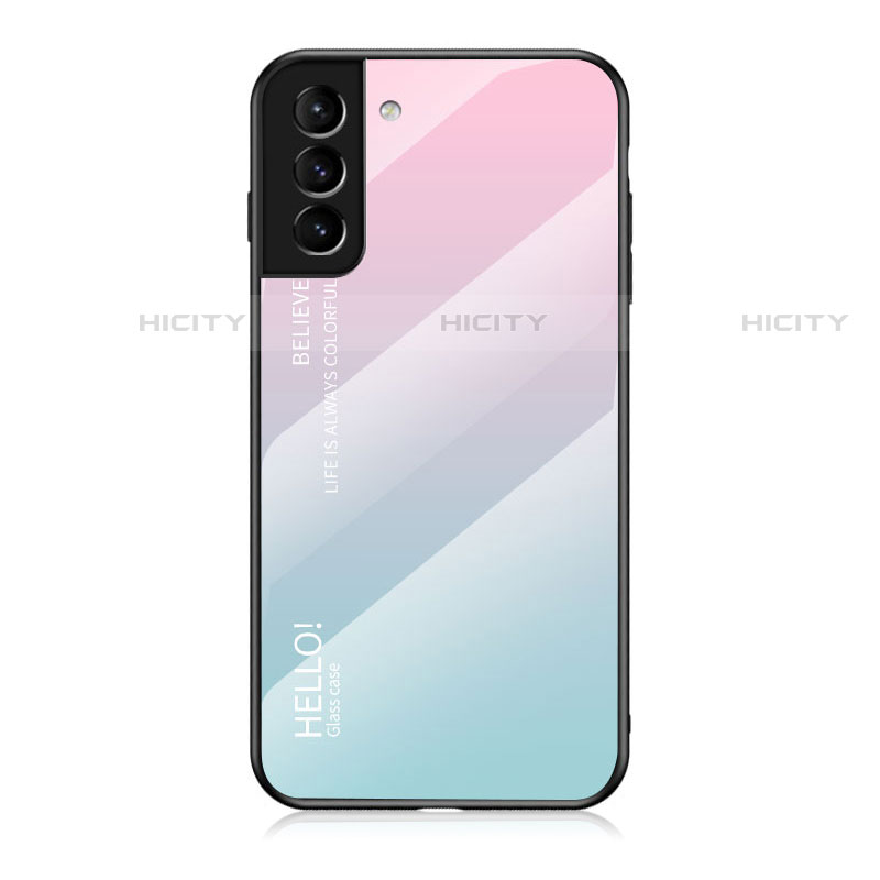 Samsung Galaxy S22 5G用ハイブリットバンパーケース プラスチック 鏡面 虹 グラデーション 勾配色 カバー M02 サムスン シアン