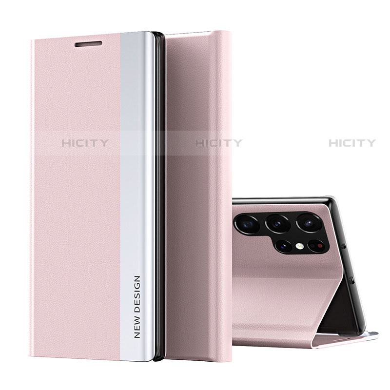 Samsung Galaxy S22 Ultra 5G用手帳型 レザーケース スタンド カバー サムスン ピンク
