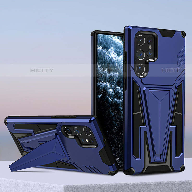 Samsung Galaxy S22 Ultra 5G用ハイブリットバンパーケース スタンド プラスチック 兼シリコーン カバー A04 サムスン ネイビー