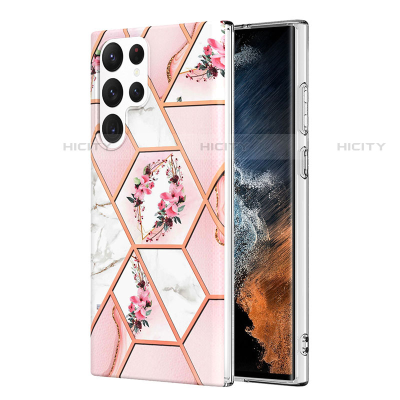 Samsung Galaxy S22 Ultra 5G用シリコンケース ソフトタッチラバー 花 カバー S01 サムスン ピンク