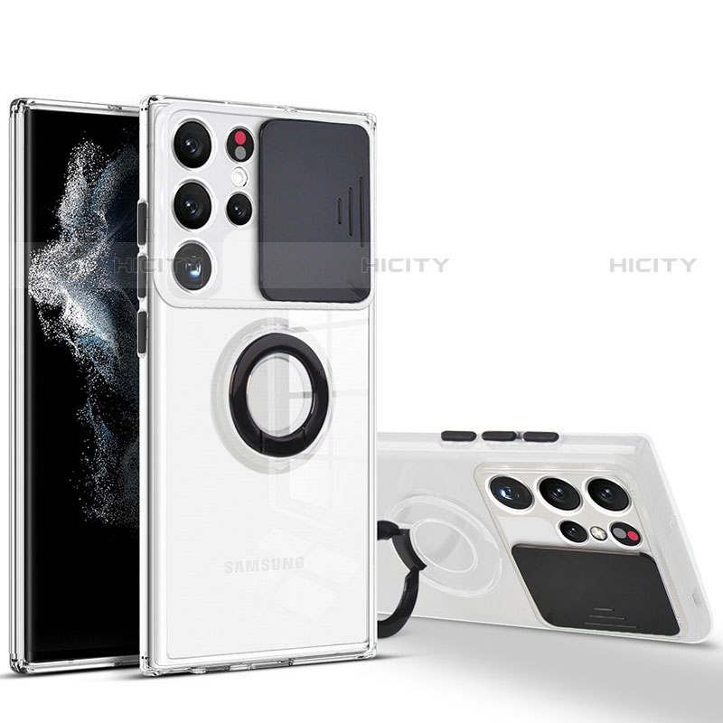 Samsung Galaxy S22 Ultra 5G用極薄ソフトケース シリコンケース 耐衝撃 全面保護 クリア透明 アンド指輪 S03 サムスン ブラック