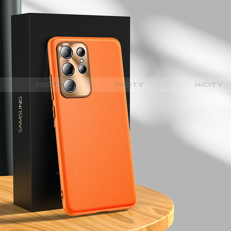 Samsung Galaxy S22 Ultra 5G用ケース 高級感 手触り良いレザー柄 S03 サムスン オレンジ
