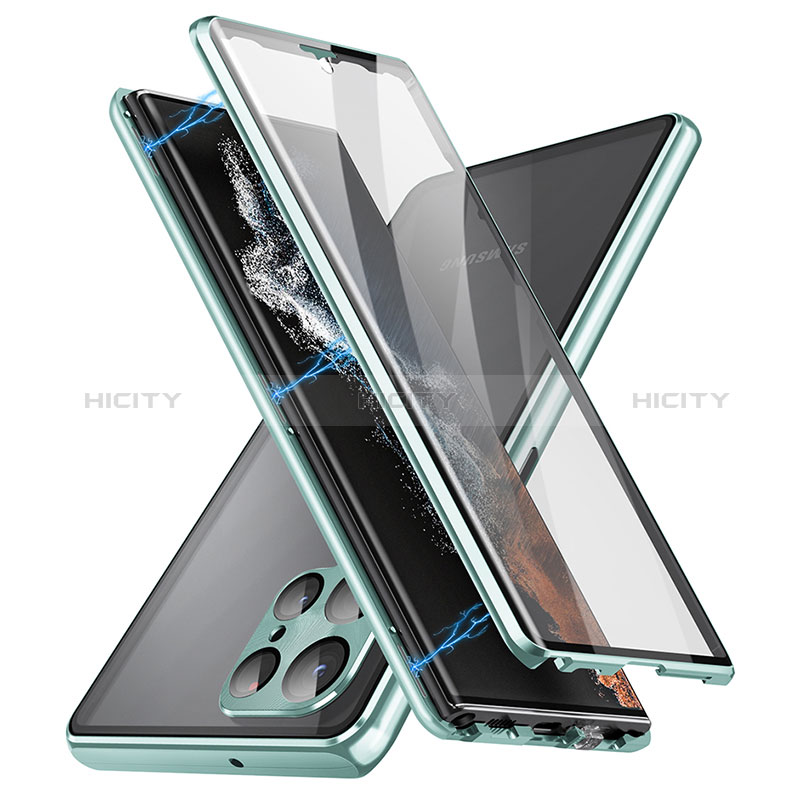 Samsung Galaxy S22 Ultra 5G用ケース 高級感 手触り良い アルミメタル 製の金属製 360度 フルカバーバンパー 鏡面 カバー LK2 サムスン グリーン