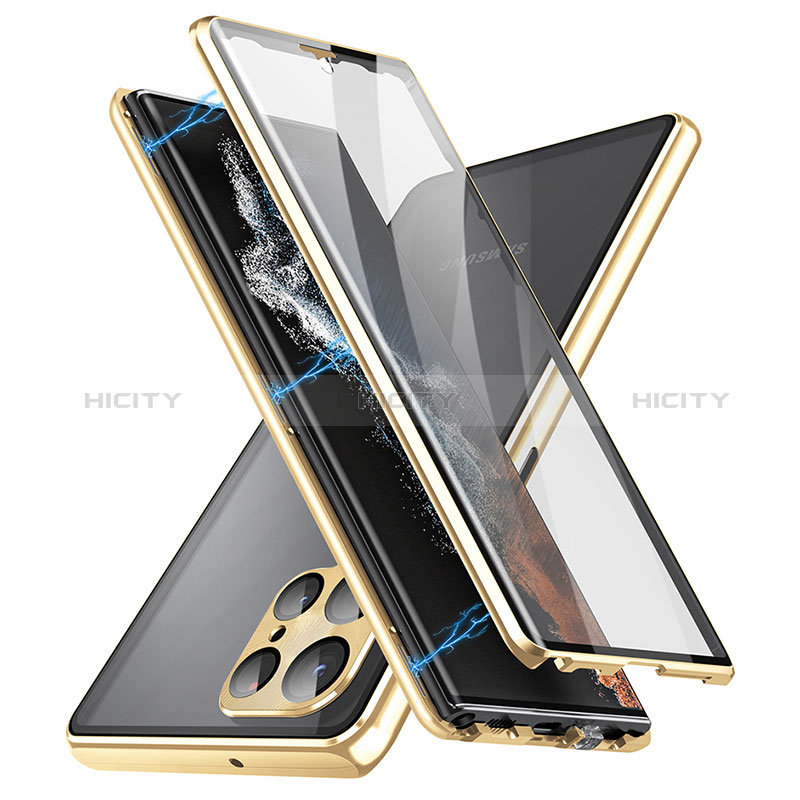 Samsung Galaxy S22 Ultra 5G用ケース 高級感 手触り良い アルミメタル 製の金属製 360度 フルカバーバンパー 鏡面 カバー LK2 サムスン ゴールド