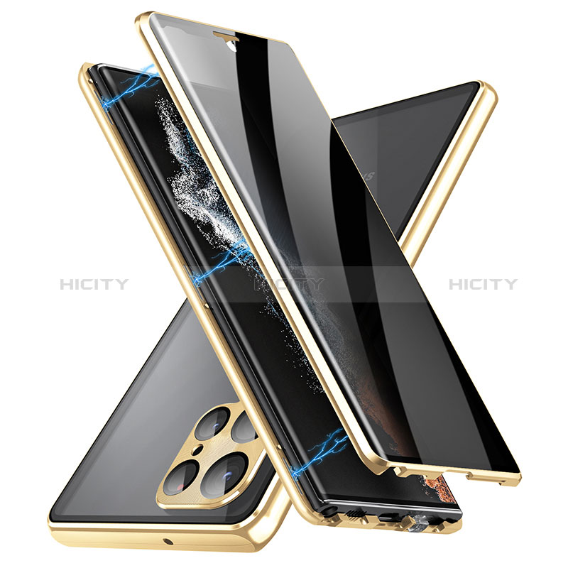 Samsung Galaxy S22 Ultra 5G用ケース 高級感 手触り良い アルミメタル 製の金属製 360度 フルカバーバンパー 鏡面 カバー LK3 サムスン ゴールド