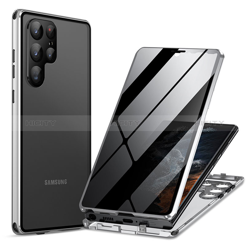 Samsung Galaxy S22 Ultra 5G用ケース 高級感 手触り良い アルミメタル 製の金属製 360度 フルカバーバンパー 鏡面 カバー LK1 サムスン シルバー