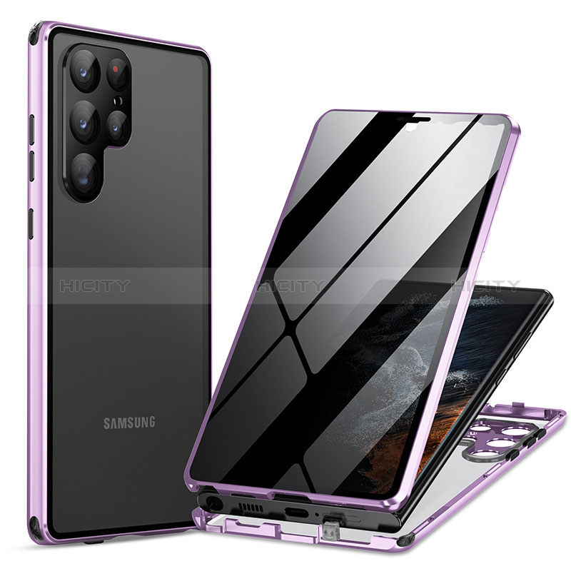 Samsung Galaxy S22 Ultra 5G用ケース 高級感 手触り良い アルミメタル 製の金属製 360度 フルカバーバンパー 鏡面 カバー LK1 サムスン パープル
