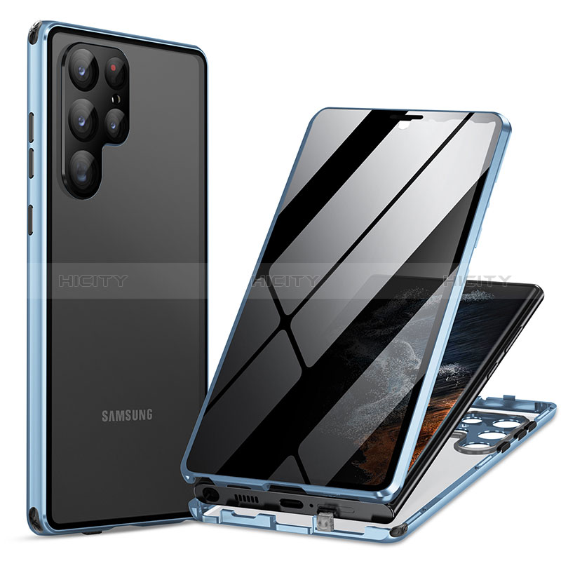 Samsung Galaxy S22 Ultra 5G用ケース 高級感 手触り良い アルミメタル 製の金属製 360度 フルカバーバンパー 鏡面 カバー LK1 サムスン ネイビー