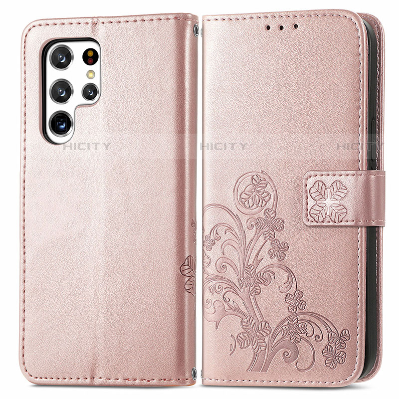 Samsung Galaxy S23 Ultra 5G用手帳型 レザーケース スタンド 花 カバー サムスン ピンク