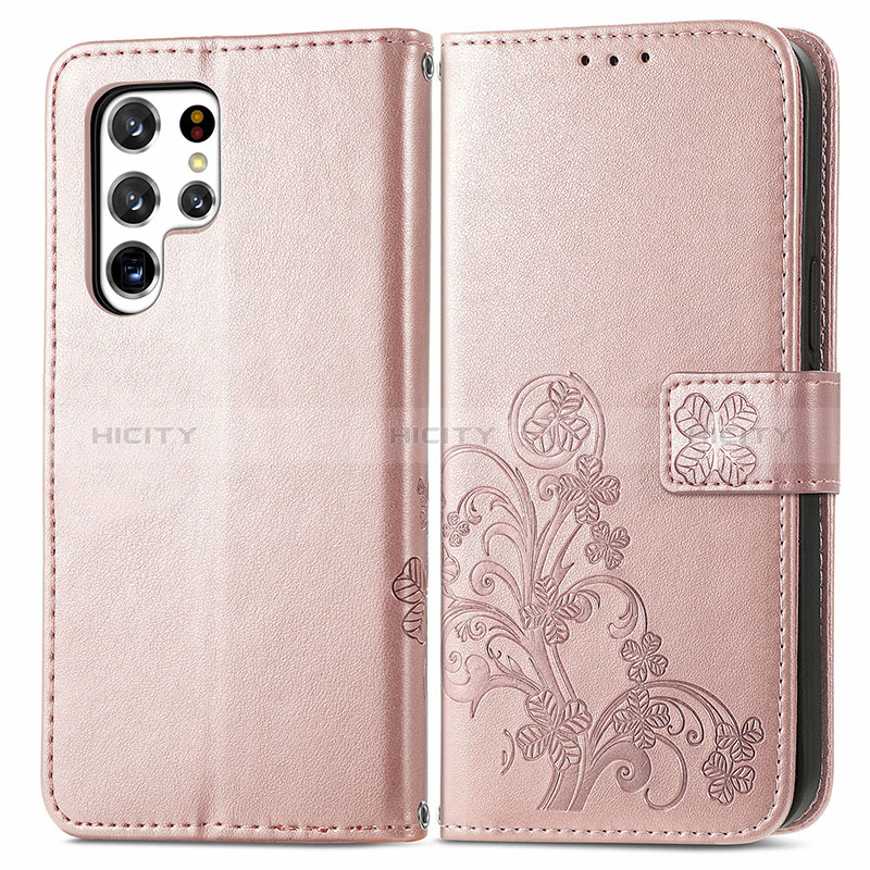 Samsung Galaxy S24 Ultra 5G用手帳型 レザーケース スタンド 花 カバー サムスン ピンク