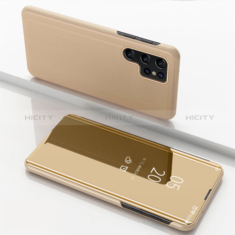 Samsung Galaxy S24 Ultra 5G用手帳型 レザーケース スタンド 鏡面 カバー サムスン ゴールド