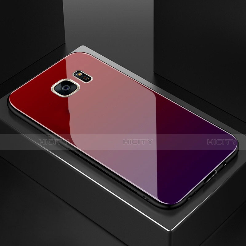 Samsung Galaxy S7 Edge G935F用ハイブリットバンパーケース プラスチック 鏡面 虹 グラデーション 勾配色 カバー サムスン レッド・ブラック