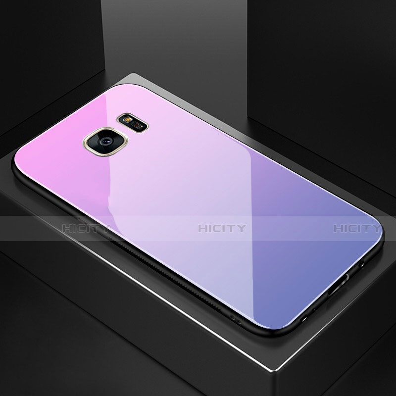 Samsung Galaxy S7 Edge G935F用ハイブリットバンパーケース プラスチック 鏡面 虹 グラデーション 勾配色 カバー サムスン ピンク