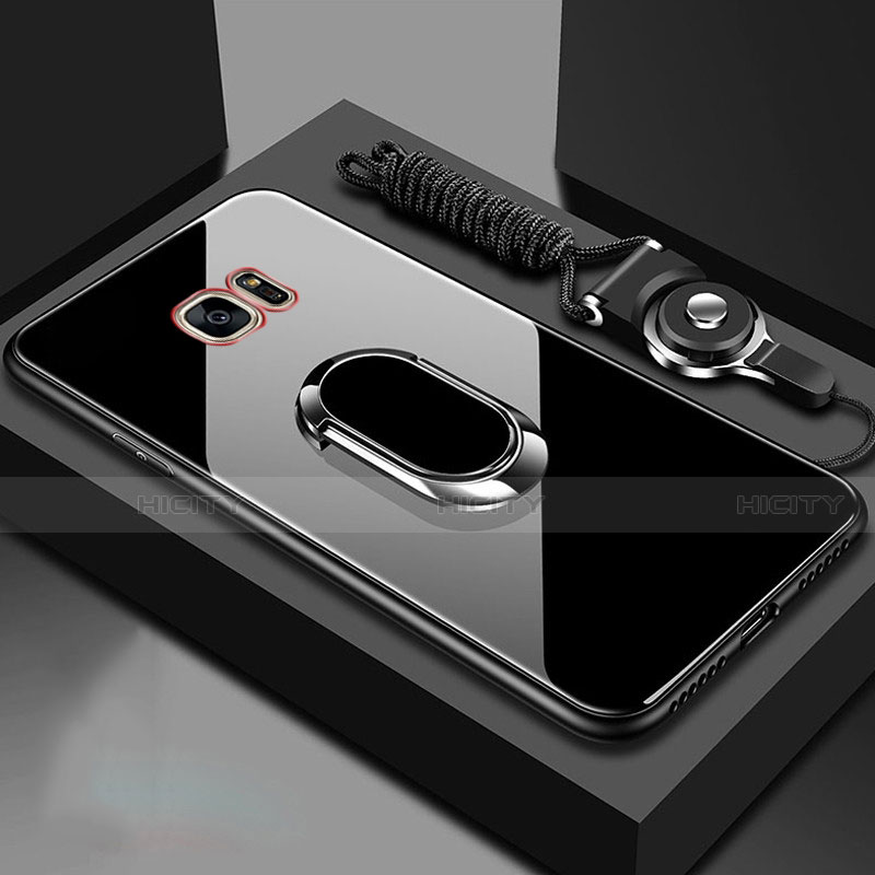 Samsung Galaxy S7 Edge G935F用ハイブリットバンパーケース プラスチック 鏡面 カバー アンド指輪 マグネット式 サムスン ブラック