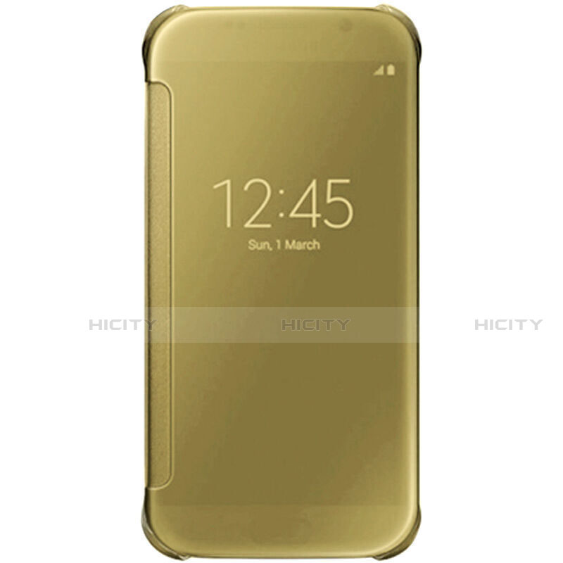 Samsung Galaxy S7 Edge G935F用手帳型 レザーケース スタンド 鏡面 カバー L02 サムスン ゴールド